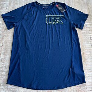 Under Armour Mens Heat Navy/Blue 2XL Sports Athletic Short Sleeve Shirt NWT